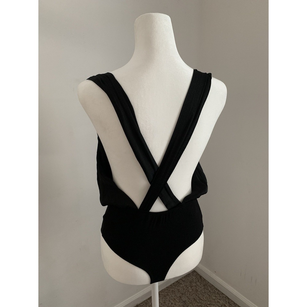 Free People Body Suit Sz XS Black Faux Wrap Tortoise Detail Low Back Resort - Picture 4 of 10